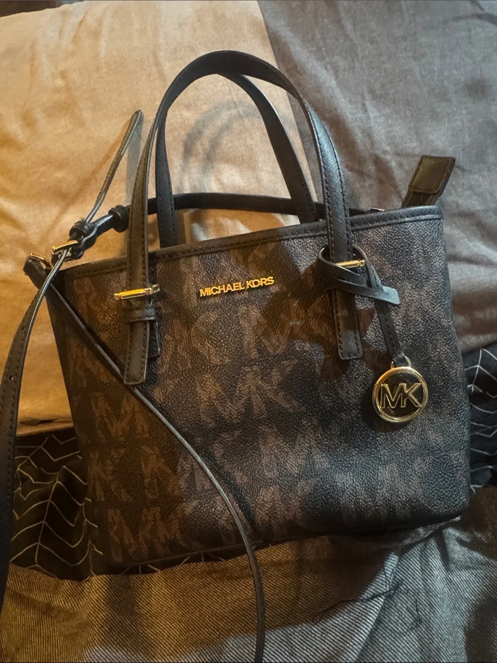Michael Kors Black Logo Satchel with Gold MK Charm